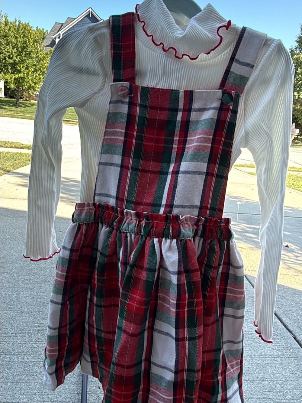 Tommy Bahama Red and Green Plaid Pinafore Dress with White Ruffled Top